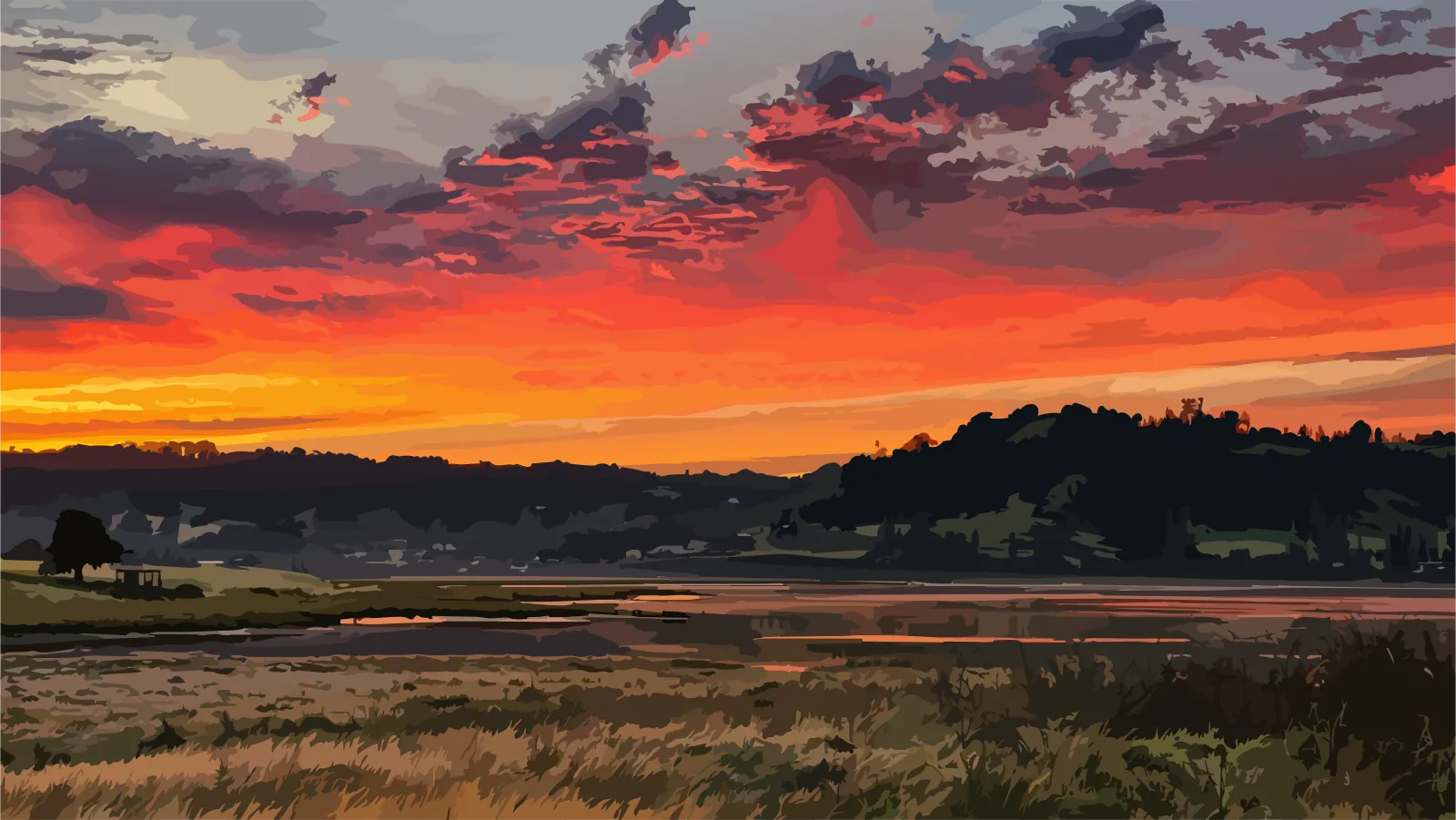 Ilustración de un paisaje costero del sur de Chile al atardecer